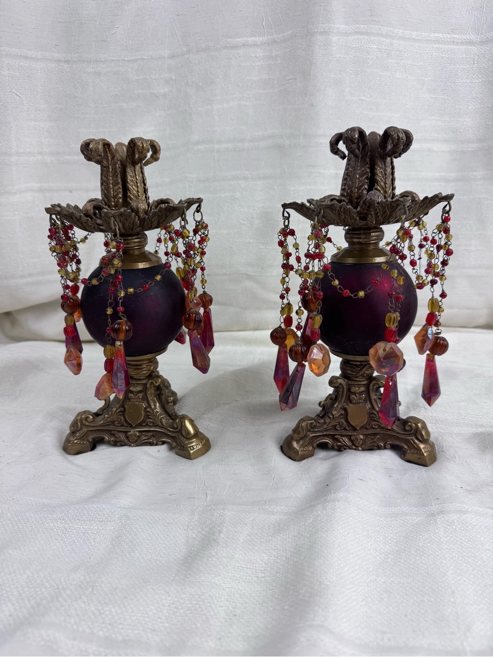 2 Vintage Baroque Candle Holders Bombay Beaded Ruby Red Brass Candlesticks